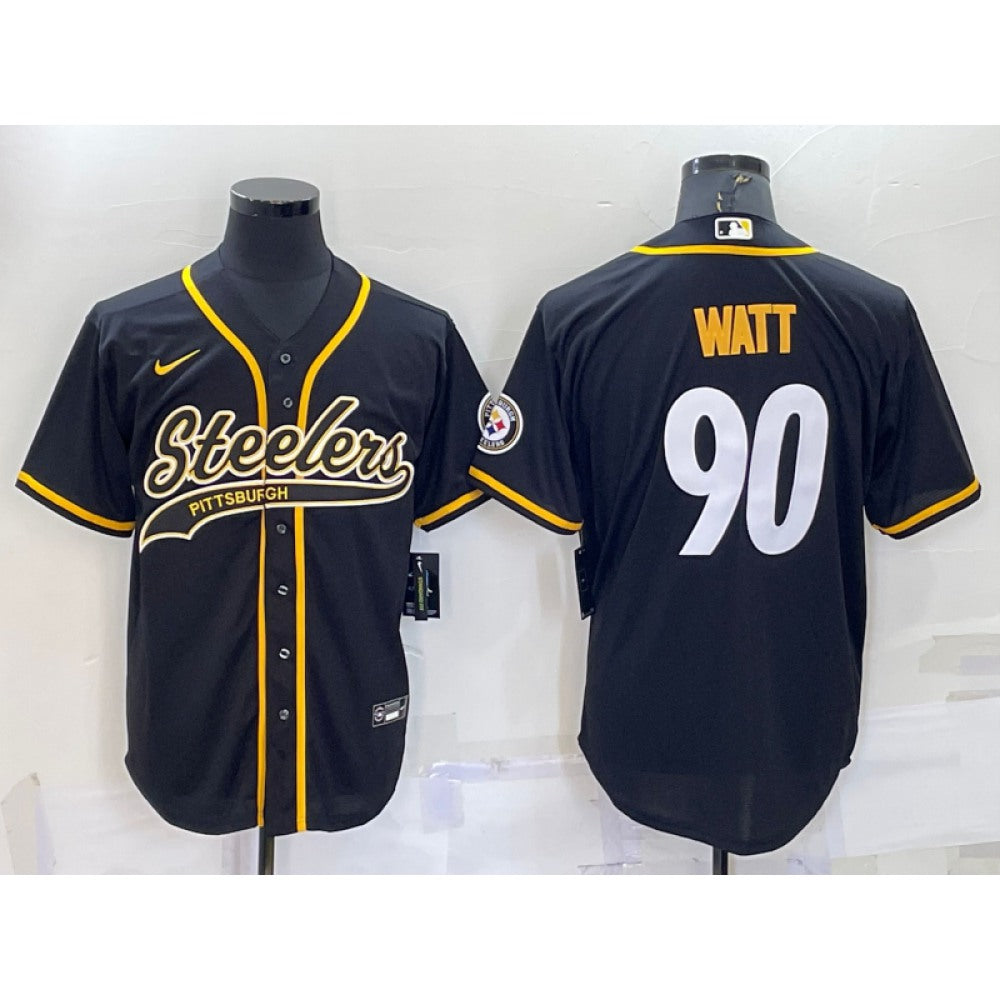 Men's Pittsburgh Steelers #90 T.J. Watt Black With Patch Cool Base Stitched Baseball Jersey 