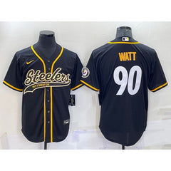 Men's Pittsburgh Steelers #90 T.J. Watt Black With Patch Cool Base Stitched Baseball Jersey 