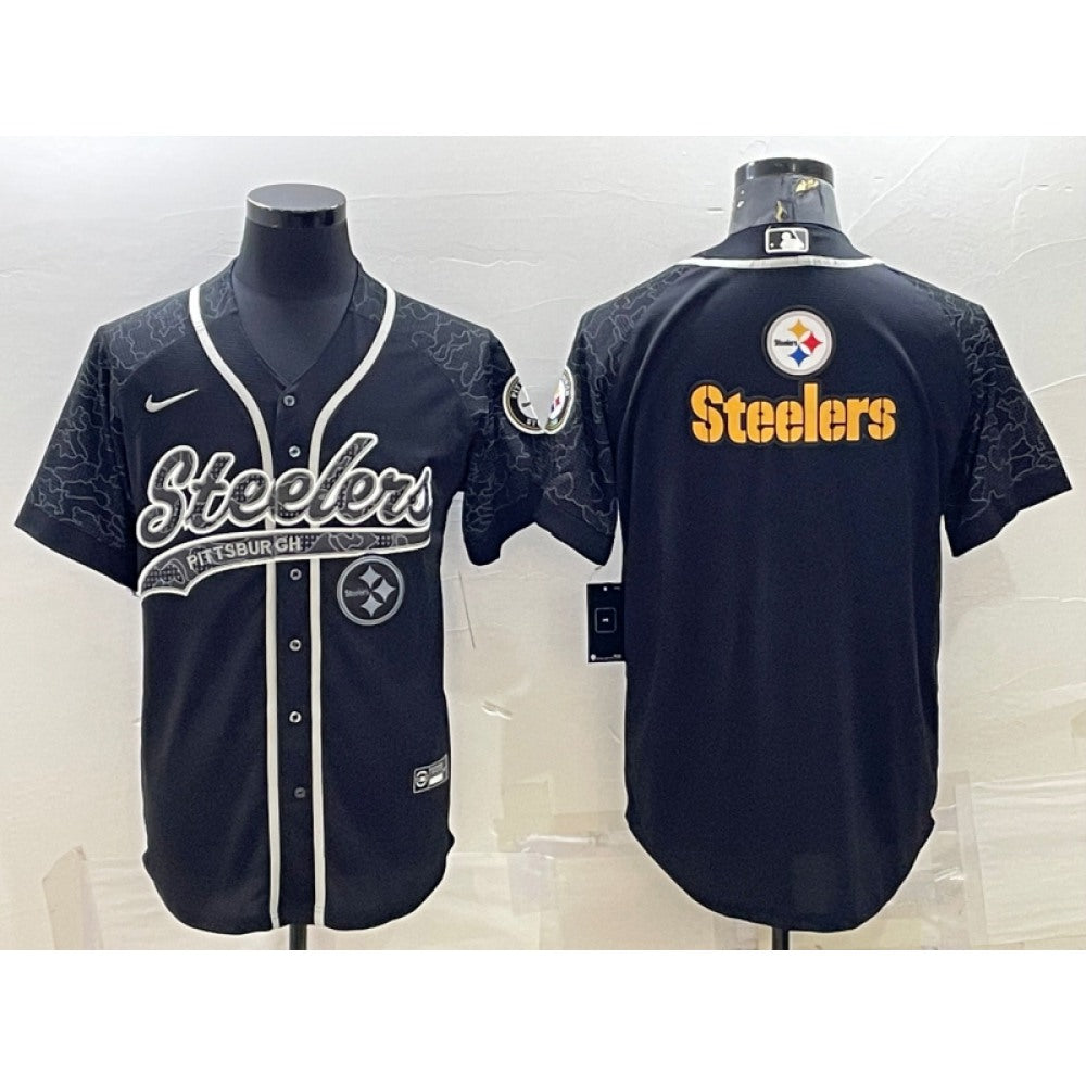 Men's Pittsburgh Steelers Black Reflective Team Big Logo With Patch Cool Base Stitched Baseball Jersey 