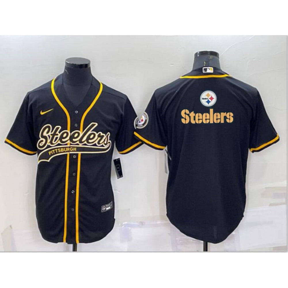 Men's Pittsburgh Steelers Black Team Big Logo With Patch Cool Base Stitched Baseball Jersey 