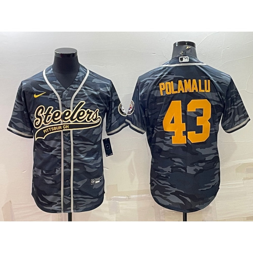 Men's Pittsburgh Steelers #43 Troy Polamalu Grey/Navy Camo With Patch Cool Base Stitched Baseball Jersey 