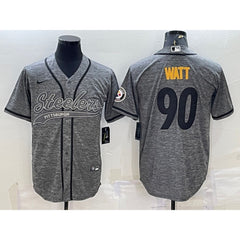 Men's Pittsburgh Steelers #90 T.J. Watt Grey With Patch Cool Base Stitched Baseball Jersey 