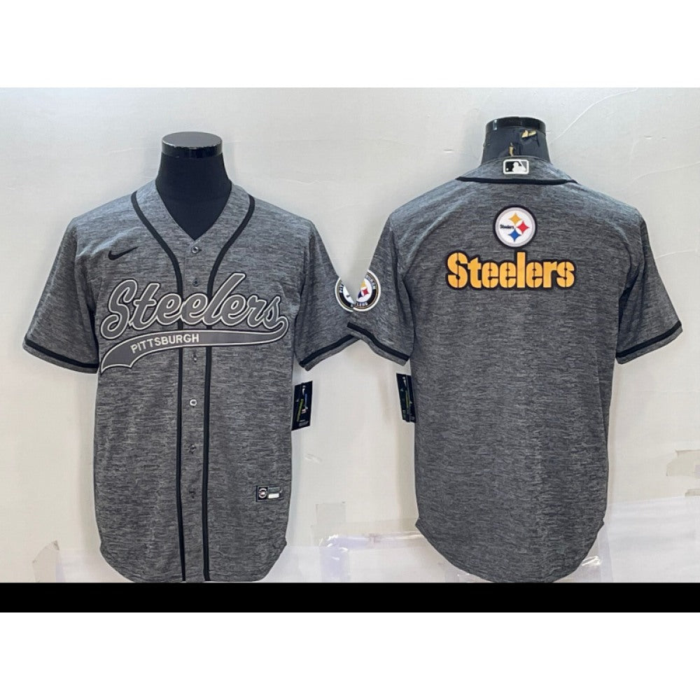 Men's Pittsburgh Steelers Grey Team Big Logo With Patch Cool Base Stitched Baseball Jersey 