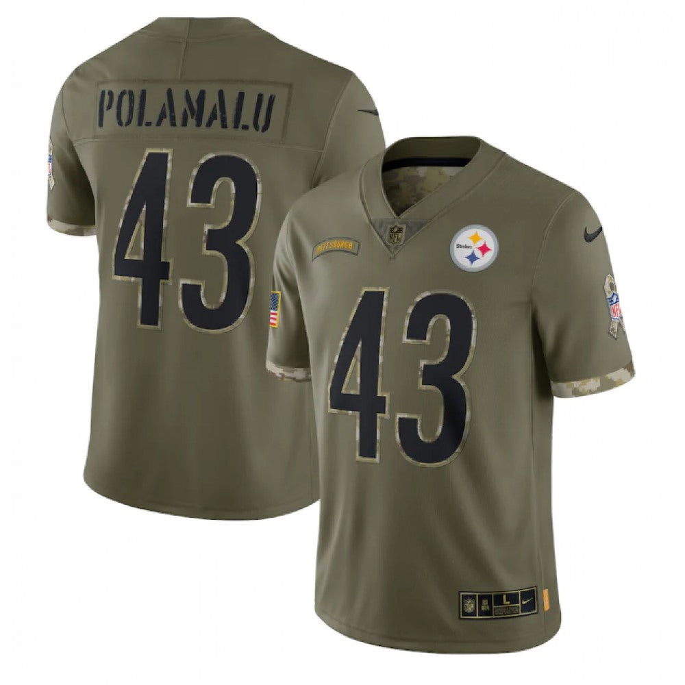 Men's Pittsburgh Steelers #43 Troy Polamalu Olive 2022 Salute To Service Limited Stitched Jersey 