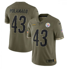 Men's Pittsburgh Steelers #43 Troy Polamalu Olive 2022 Salute To Service Limited Stitched Jersey 
