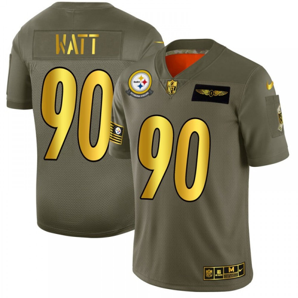 Men's Pittsburgh Steelers #90 T. J. Watt 2019 Olive/Gold Salute To Service Limited Stitched NFL Jersey 