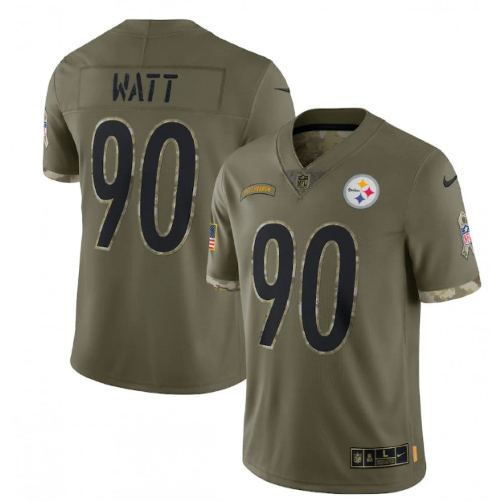 Men's Pittsburgh Steelers #90 T. J. Watt Olive 2022 Salute To Service Limited Stitched Jersey 