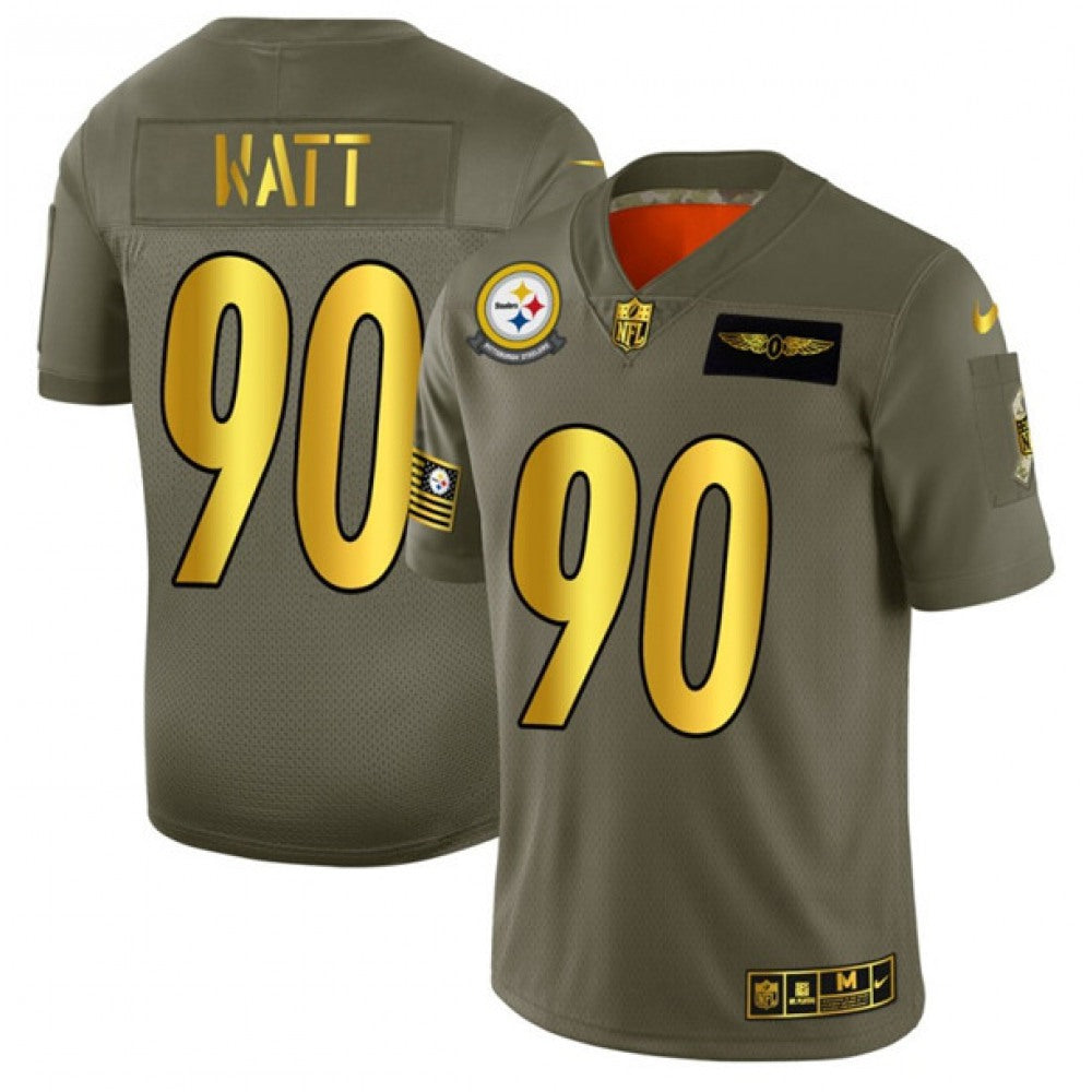 Men's Pittsburgh Steelers #90 T. J. Watt 2019 Olive/Gold Salute To Service Limited Stitched Jersey 