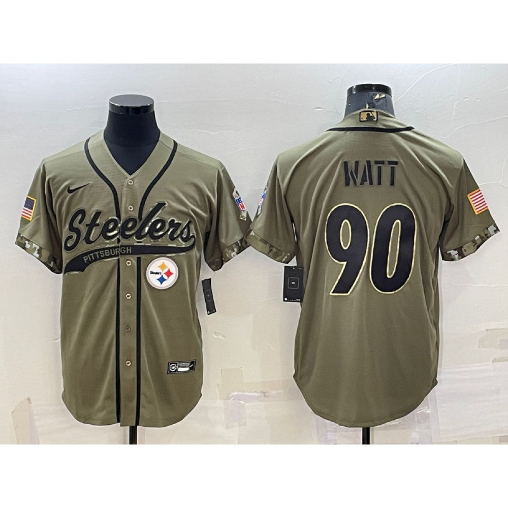 Men's Pittsburgh Steelers #90 T.J. Watt Olive 2022 Salute to Service Cool Base Stitched Baseball Jersey 