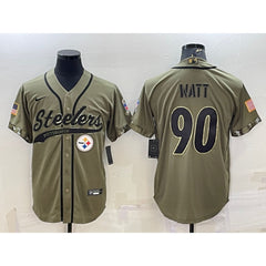 Men's Pittsburgh Steelers #90 T.J. Watt Olive 2022 Salute to Service Cool Base Stitched Baseball Jersey 