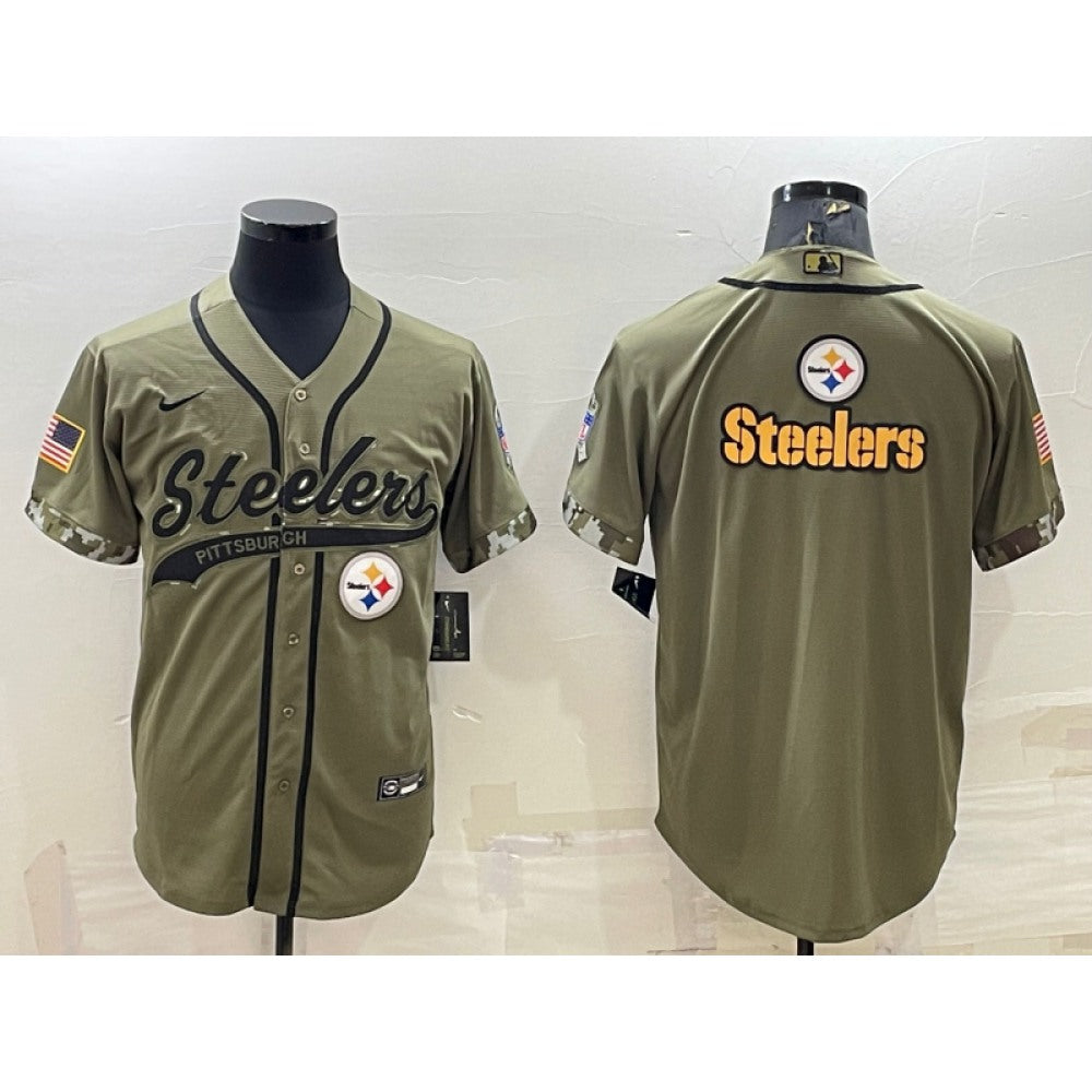 Men's Pittsburgh Steelers Blank Olive Salute to Service Team Big Logo Cool Base Stitched Baseball Jersey 