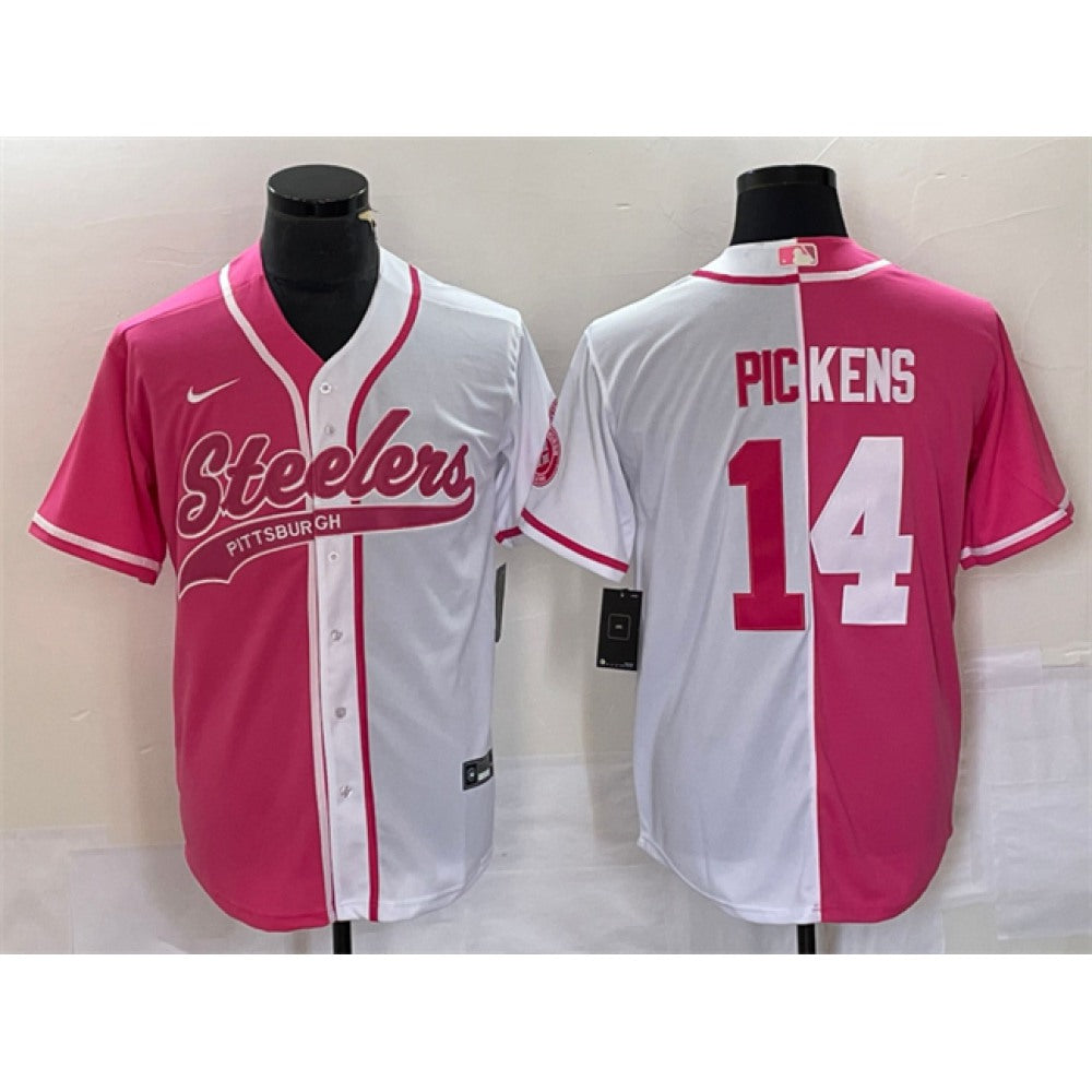 Men's Pittsburgh Steelers #14 George Pickens White Pink Split Cool Base Stitched Baseball Jersey 