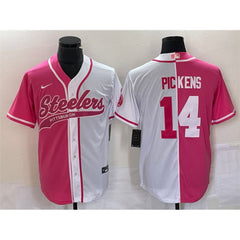 Men's Pittsburgh Steelers #14 George Pickens White Pink Split Cool Base Stitched Baseball Jersey 