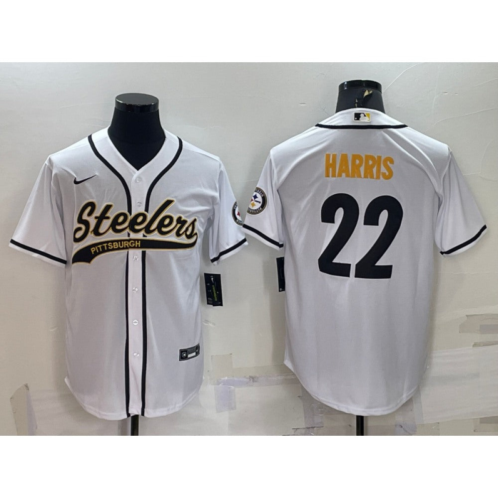 Men's Pittsburgh Steelers #22 Najee Harris White With Patch Cool Base Stitched Baseball Jersey 