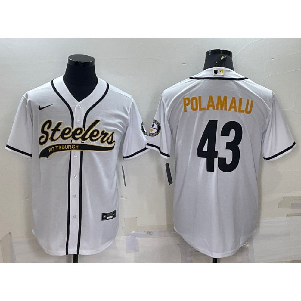 Men's Pittsburgh Steelers #43 Troy Polamalu White With Patch Cool Base Stitched Baseball Jersey 