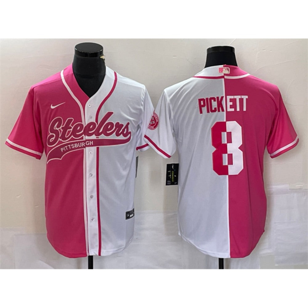 Men's Pittsburgh Steelers #8 Kenny Pickett White Pink Split Cool Base Stitched Baseball Jersey 