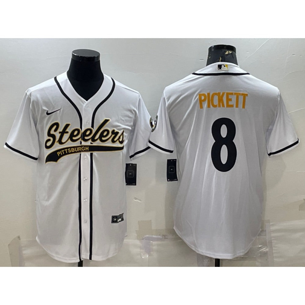 Men's Pittsburgh Steelers #8 Kenny Pickett White With Patch Cool Base Stitched Baseball Jersey 