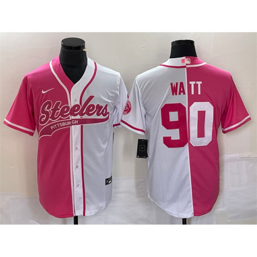 Men's Pittsburgh Steelers #90 T.J. Watt White Pink Split Cool Base Stitched Baseball Jersey 