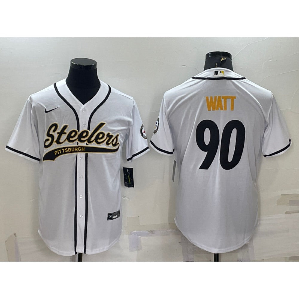 Men's Pittsburgh Steelers #90 T.J. Watt White With Patch Cool Base Stitched Baseball Jersey 