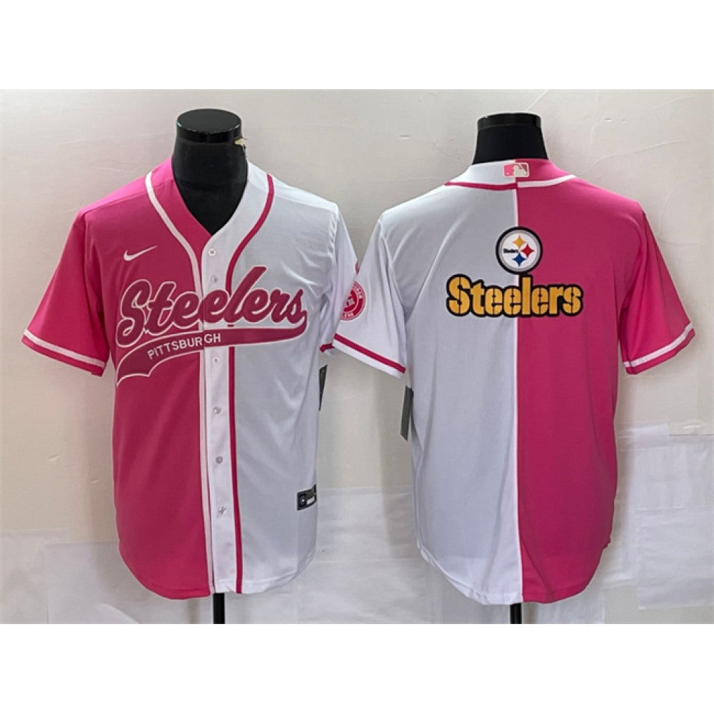 Men's Pittsburgh Steelers White Pink Split Team Big Logo Cool Base Stitched Baseball Jersey 