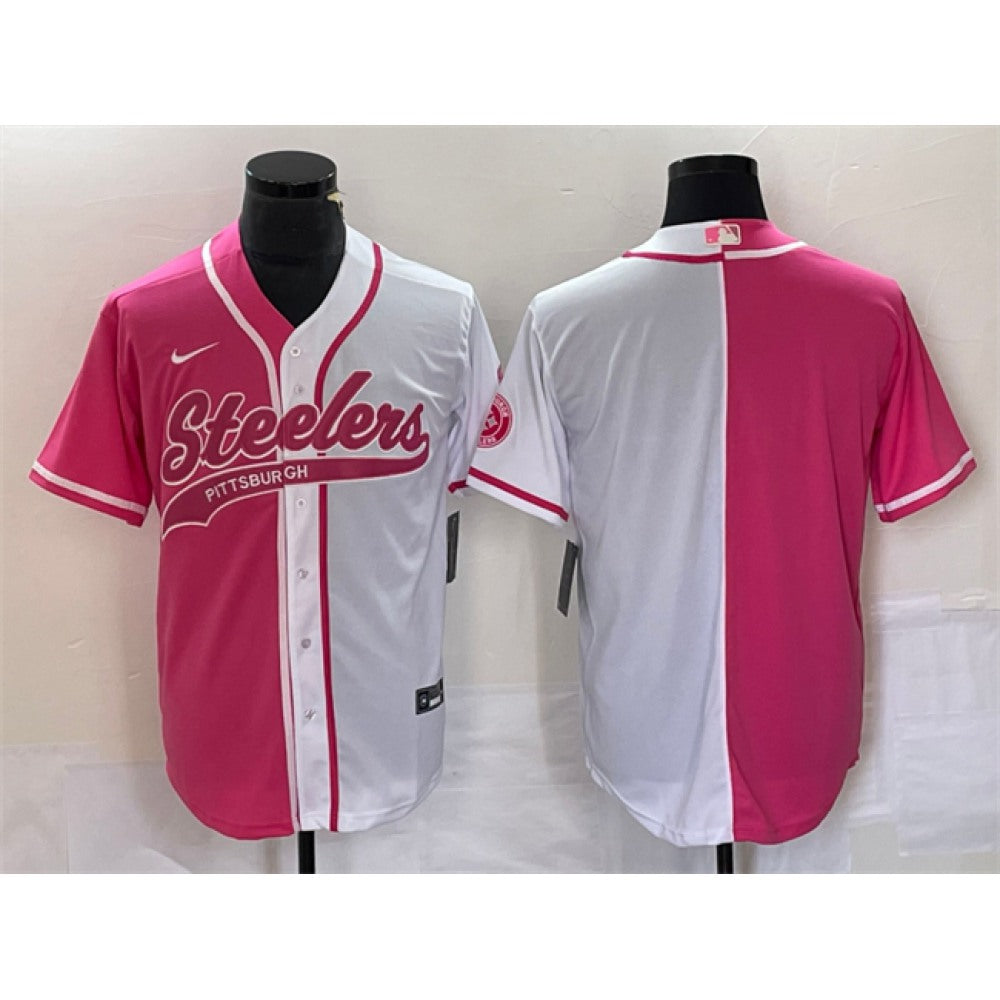 Men's Pittsburgh Steelers Blank White Pink Split Cool Base Stitched Baseball Jersey 