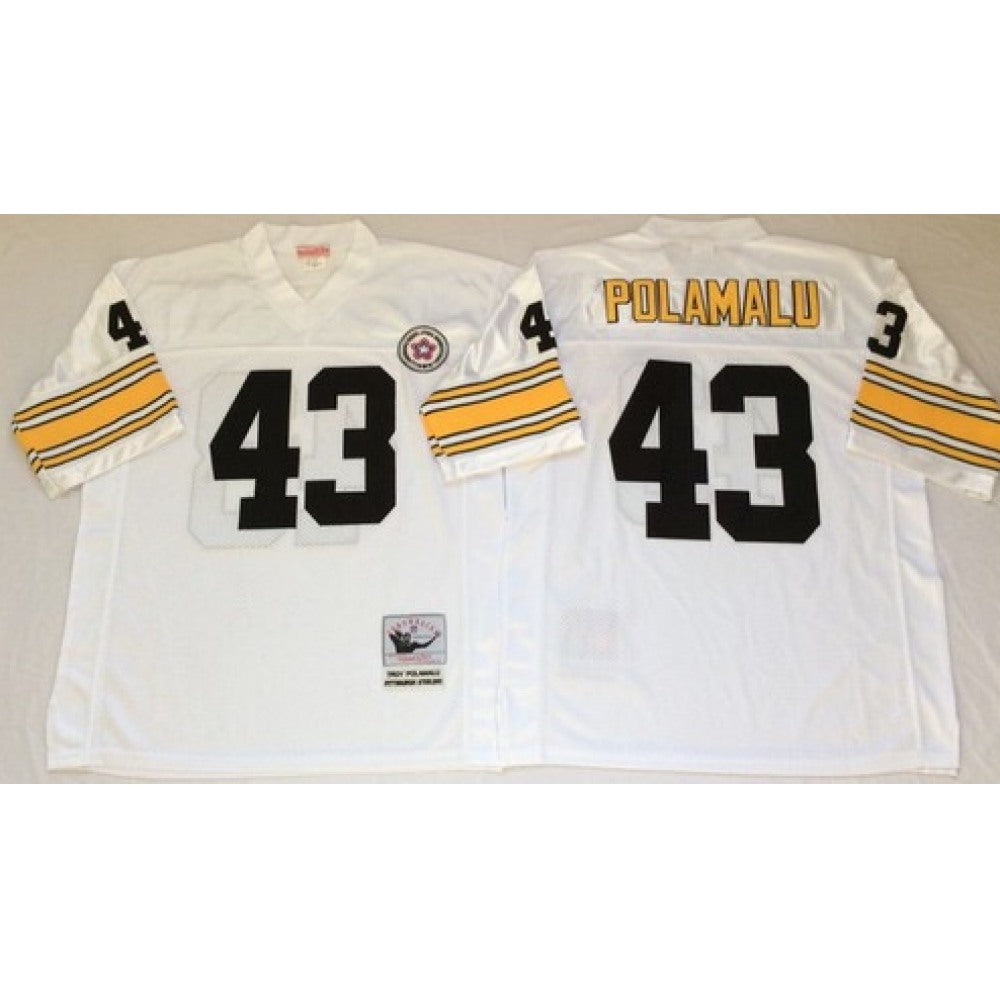 Men's Pittsburgh Steelers #43 Troy Polamalu White Mitchell & Ness Throwback Stitched Jersey 