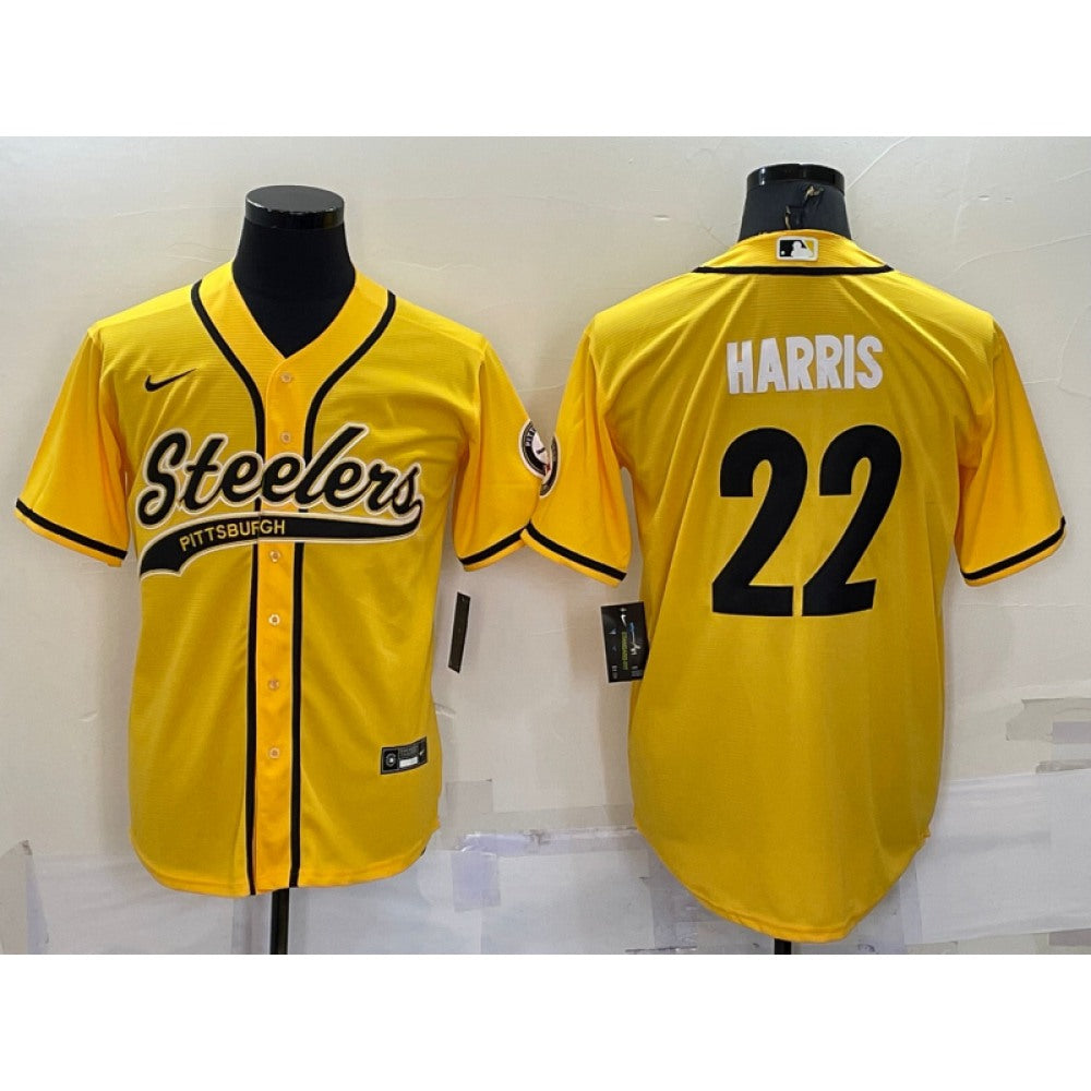 Men's Pittsburgh Steelers #22 Najee Harris Yellow With Patch Cool Base Stitched Baseball Jersey 