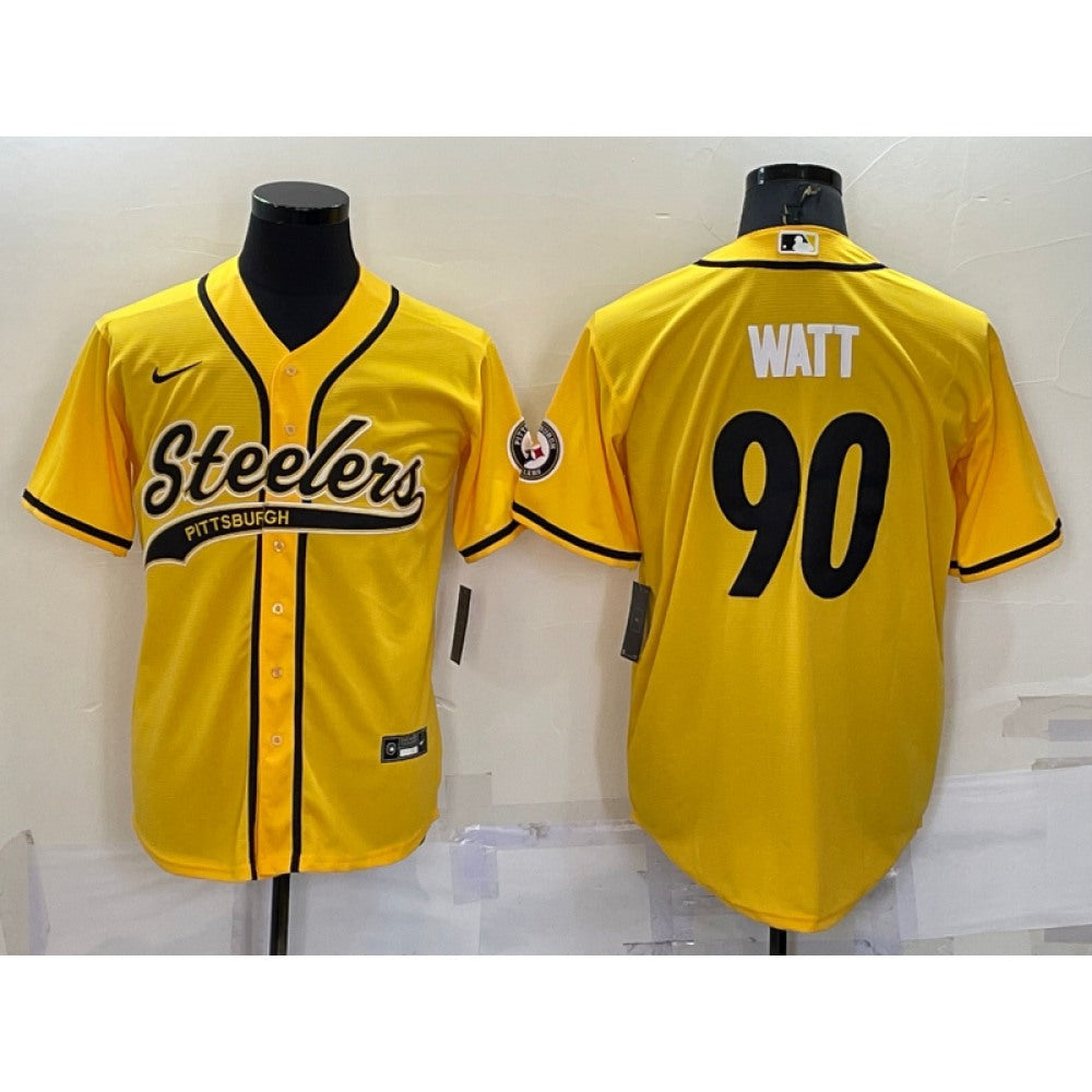 Men's Pittsburgh Steelers #90 T.J. Watt Yellow With Patch Cool Base Stitched Baseball Jersey 