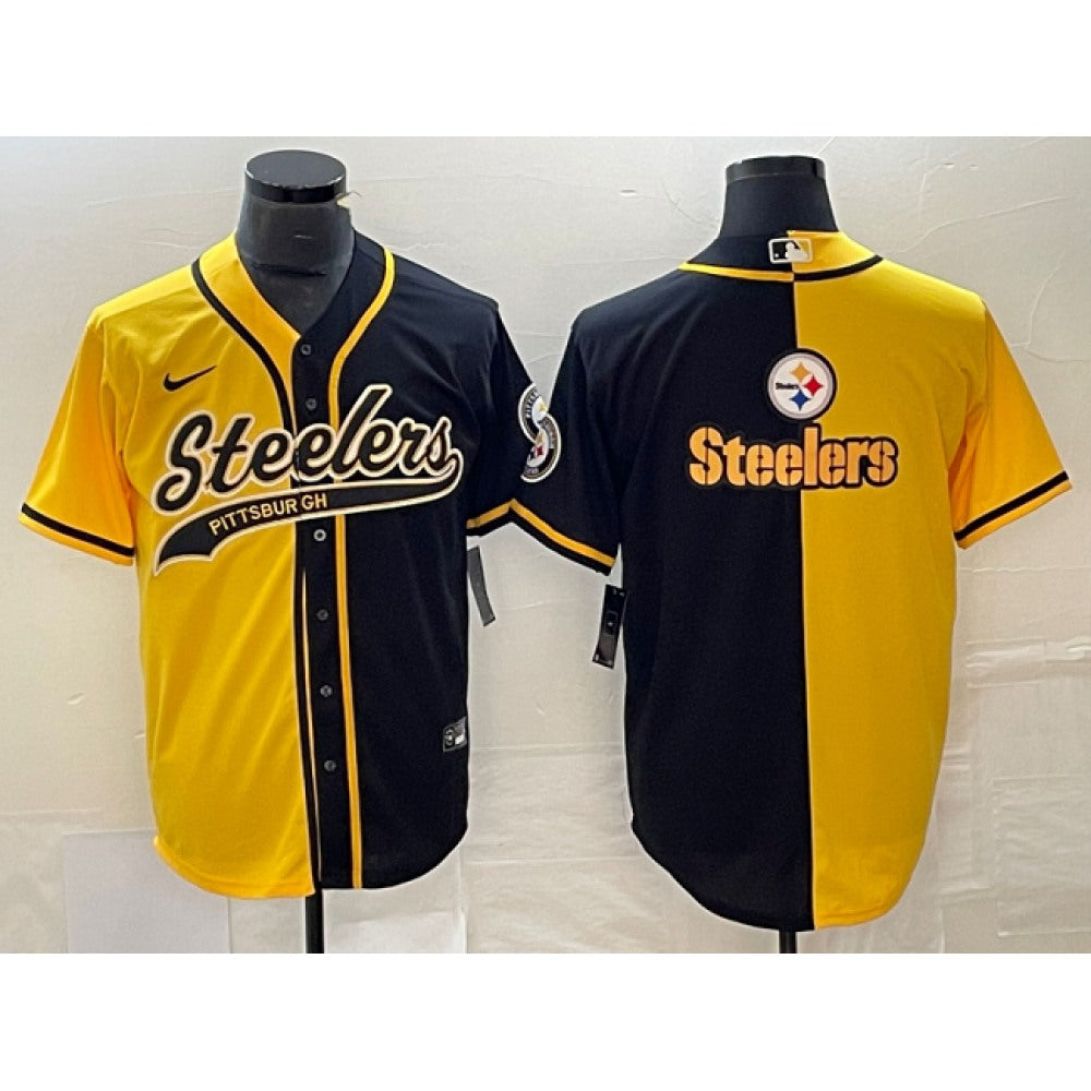 Men's Pittsburgh Steelers Yellow Black Split Team Big Logo Cool Base Stitched Baseball Jersey 