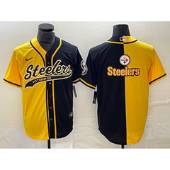Men's Pittsburgh Steelers Yellow Black Split Team Big Logo Cool Base Stitched Baseball Jersey 
