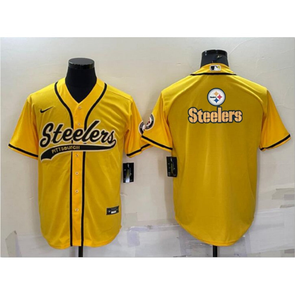 Men's Pittsburgh Steelers Yellow Team Big Logo With Patch Cool Base Stitched Baseball Jersey 