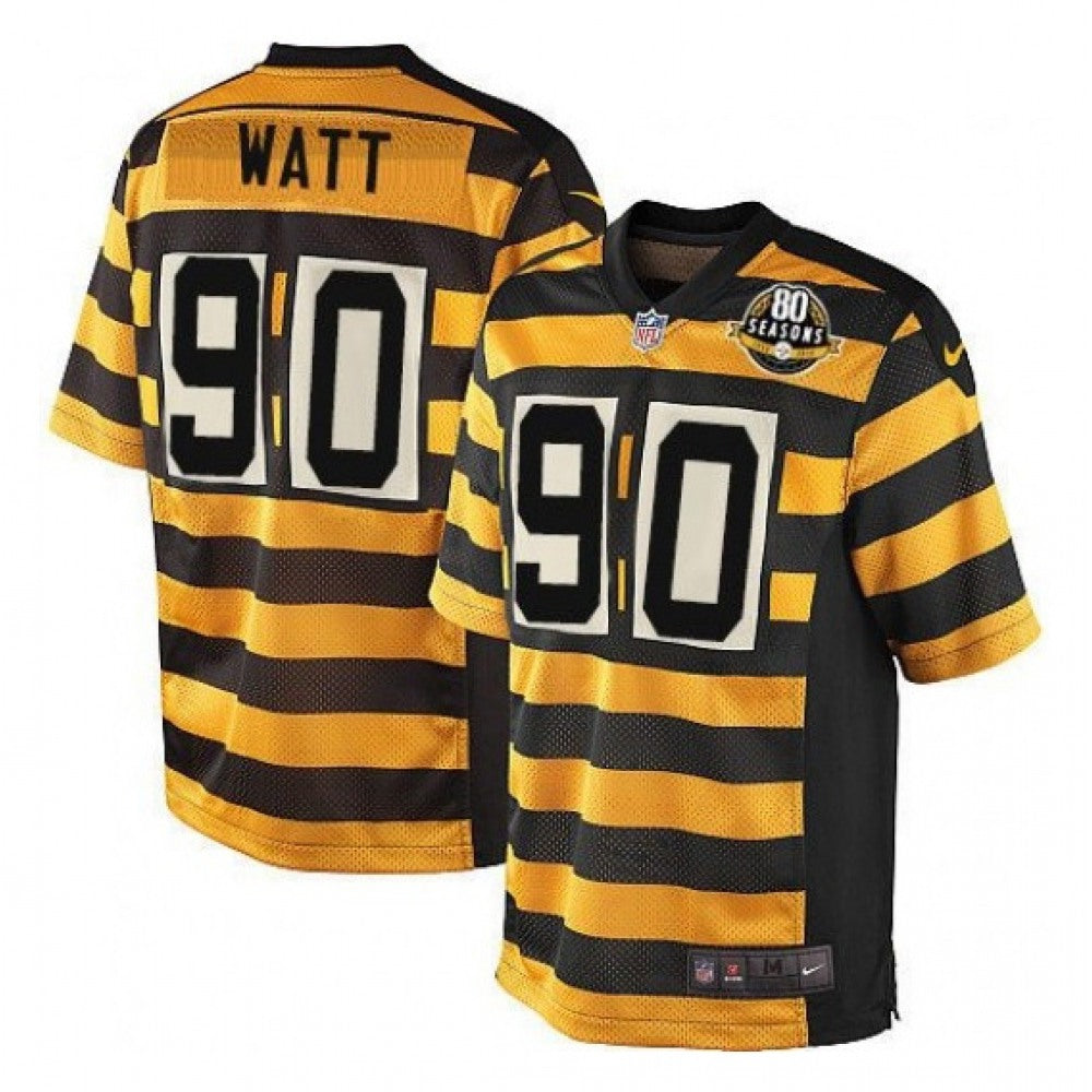 Men's Pittsburgh Steelers #90 T. J. Watt Yellow/Black Alternate 80TH Anniversary Throwback Stitched Jersey 