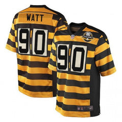 Men's Pittsburgh Steelers #90 T. J. Watt Yellow/Black Alternate 80TH Anniversary Throwback Stitched Jersey 