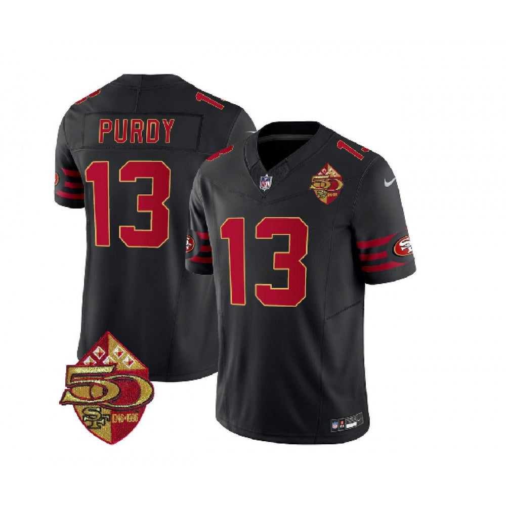 Men's San Francisco 49ers #13 Brock Purdy Black 2023 F.U.S.E. 50th Patch Throwback Stitched Football Jersey 
