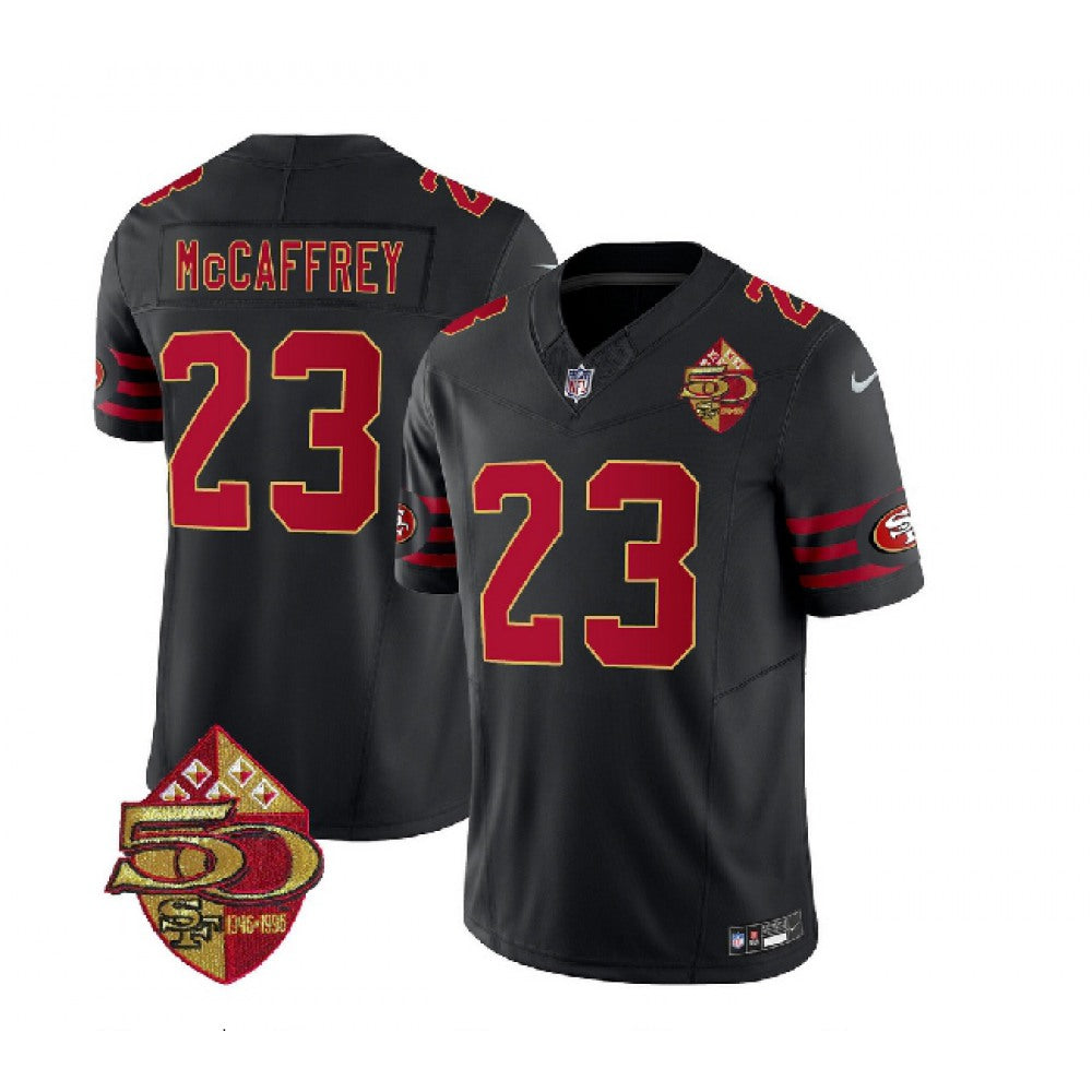 Men's San Francisco 49ers #23 Christian McCaffrey Black 2023 F.U.S.E. 50th Patch Throwback Stitched Football Jersey 
