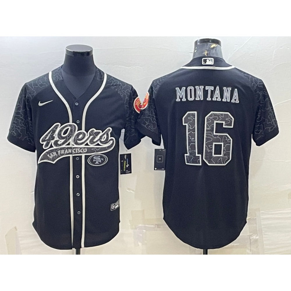 Men's San Francisco 49ers #16 Joe Montana Black Reflective With Patch Cool Base Stitched Baseball Jersey 