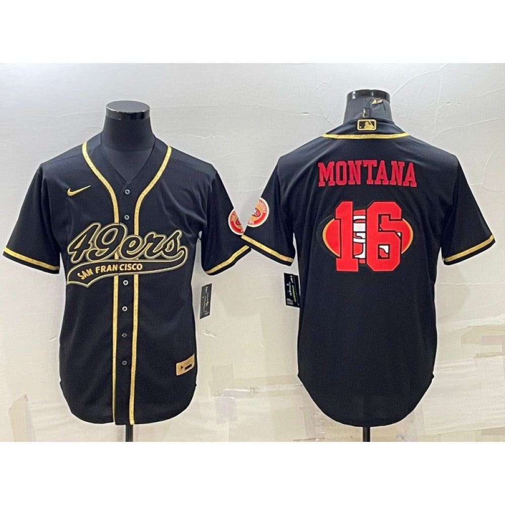 Men's San Francisco 49ers #16 Joe Montana Black Gold Team Big Logo With Patch Cool Base Stitched Baseball Jersey 