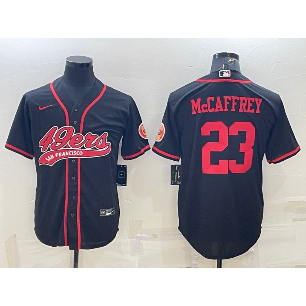 Men's San Francisco 49ers #23 Christian McCaffrey Black With Patch Cool Base Stitched Baseball Jersey 