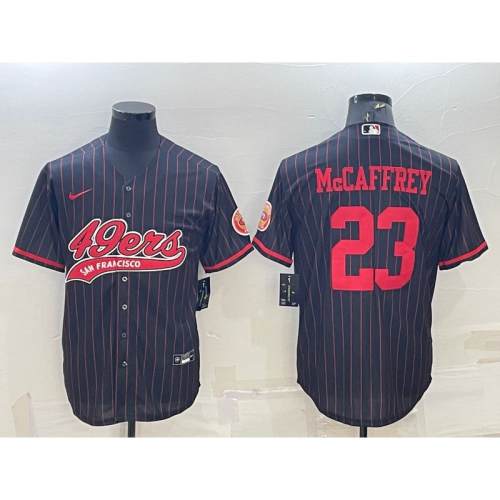 Men's San Francisco 49ers #23 Christian McCaffrey Black With Patch Cool Base Stitched Baseball Jersey 