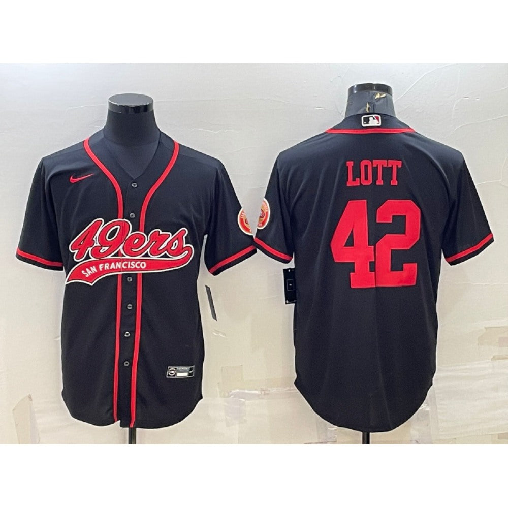 Men's San Francisco 49ers #42 Ronnie Lott Black With Patch Cool Base Stitched Baseball Jersey 