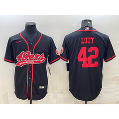 Men's San Francisco 49ers #42 Ronnie Lott Black With Patch Cool Base Stitched Baseball Jersey 