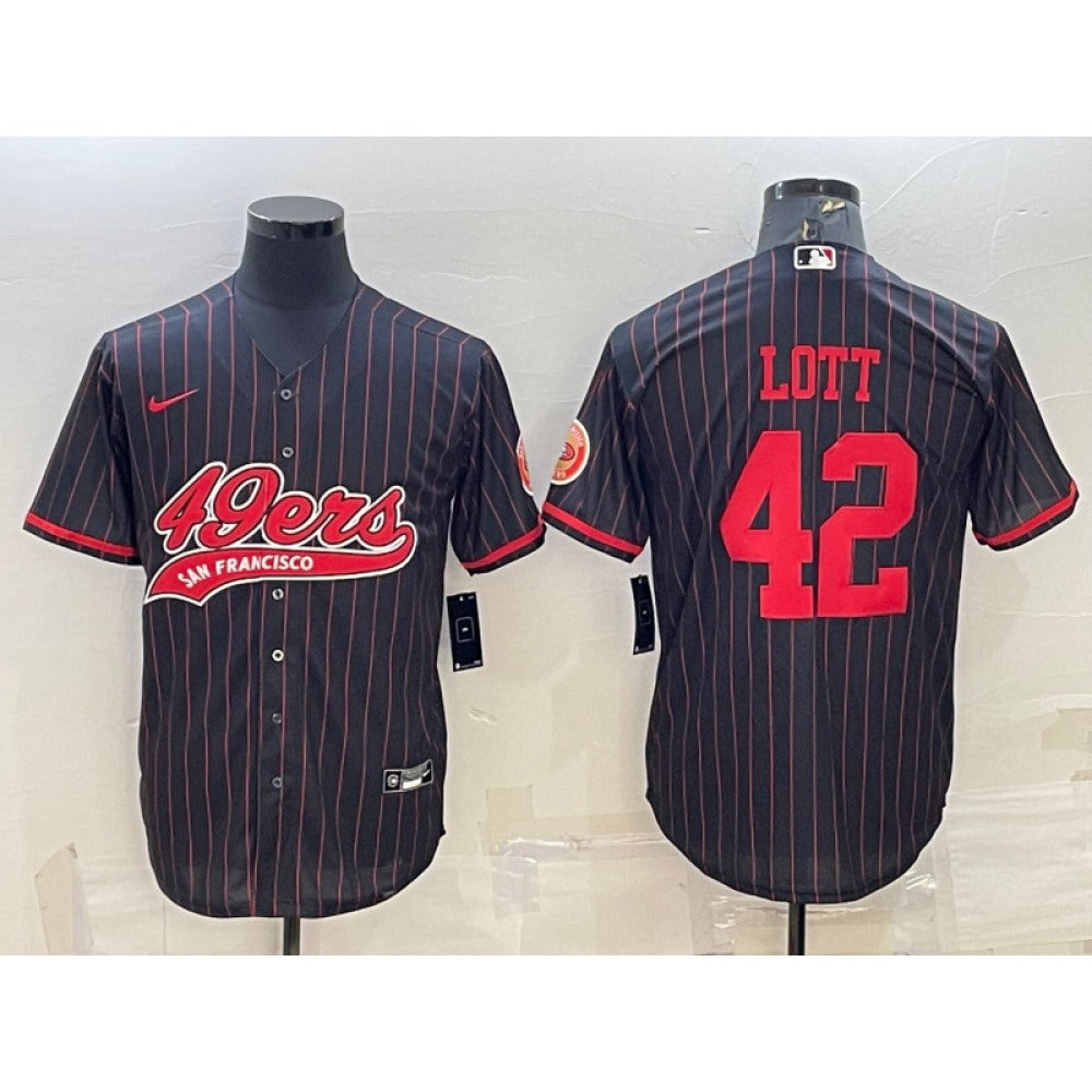 Men's San Francisco 49ers #42 Ronnie Lott Black With Patch Cool Base Stitched Baseball Jersey 