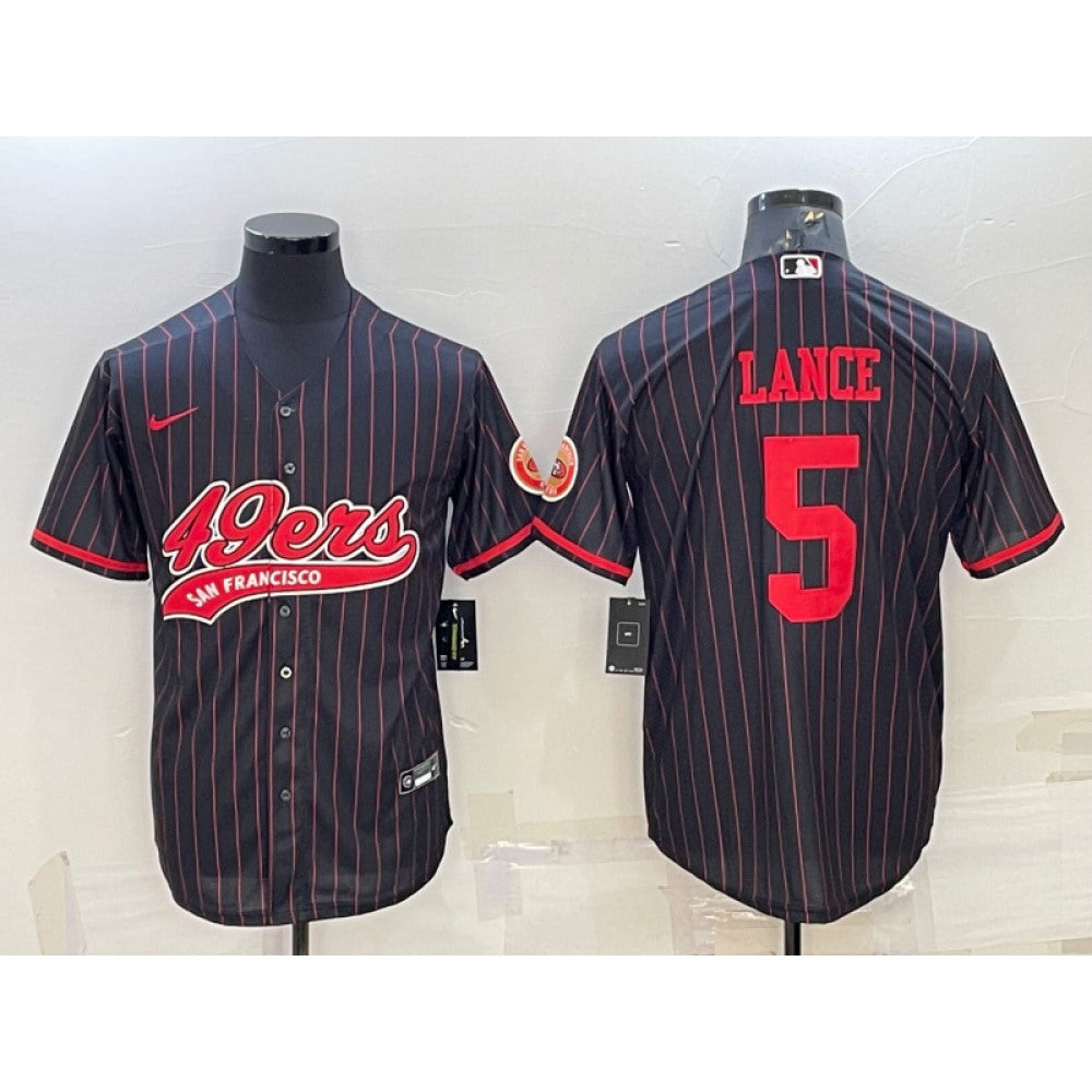 Men's San Francisco 49ers #5 Trey Lance Black With Patch Cool Base Stitched Baseball Jersey 
