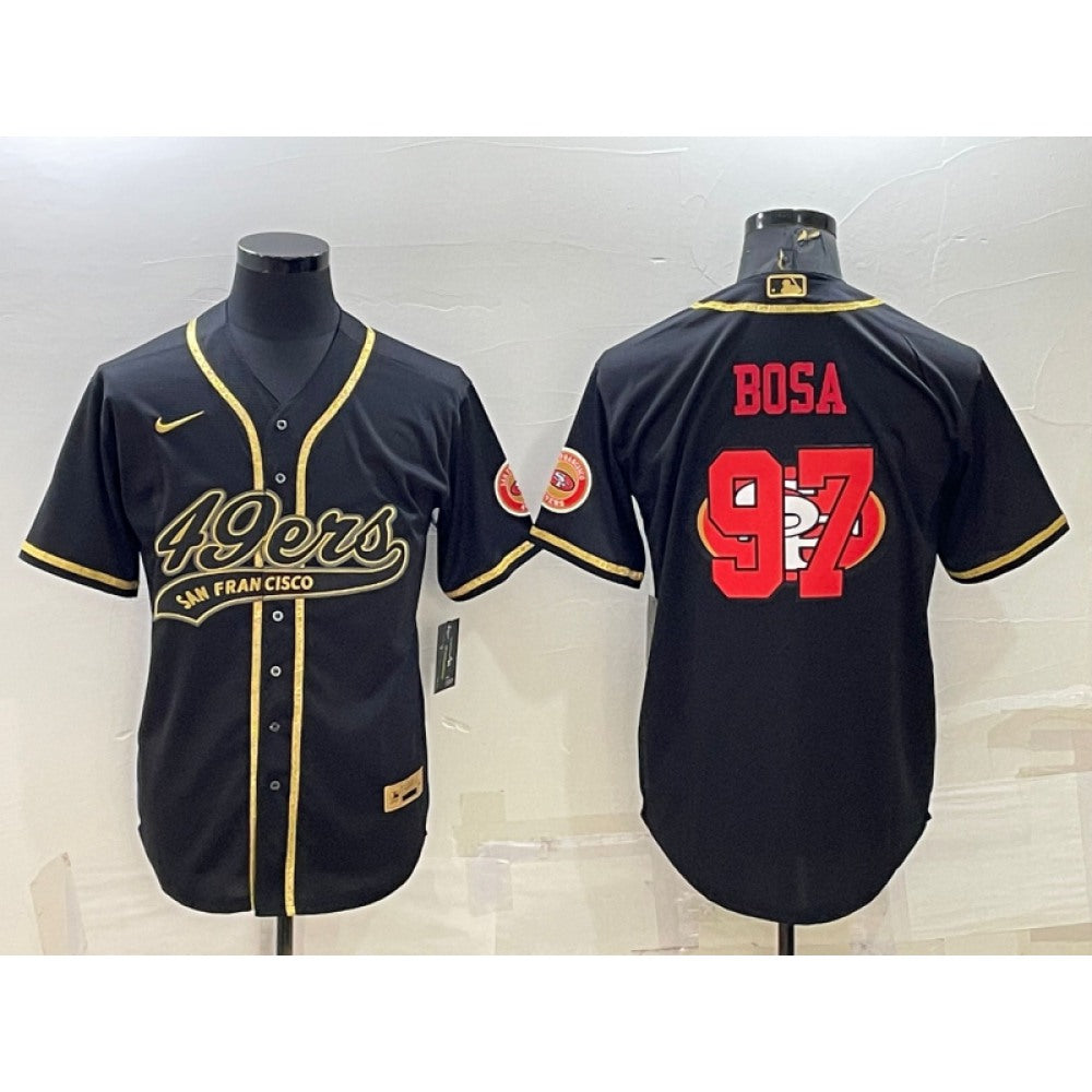 Men's San Francisco 49ers #97 Nick Bosa Black Gold Team Big Logo With Patch Cool Base Stitched Baseball Jersey 