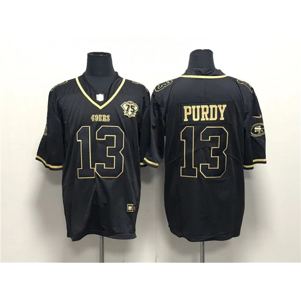 Men's San Francisco 49ers #13 Brock Purdy Black Gold With 75th Anniversary Patch Stitched Jersey 