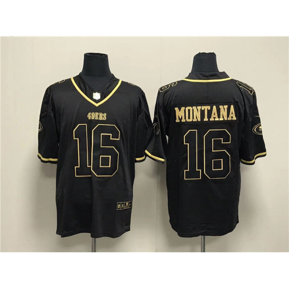 Men's San Francisco 49ers #16 Joe Montana Black Gold Stitched Jersey 