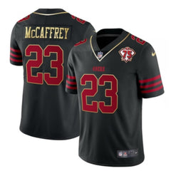 Men's San Francisco 49ers #23 Christian McCaffrey Black With 75th Anniversary Patch Stitched Jersey 
