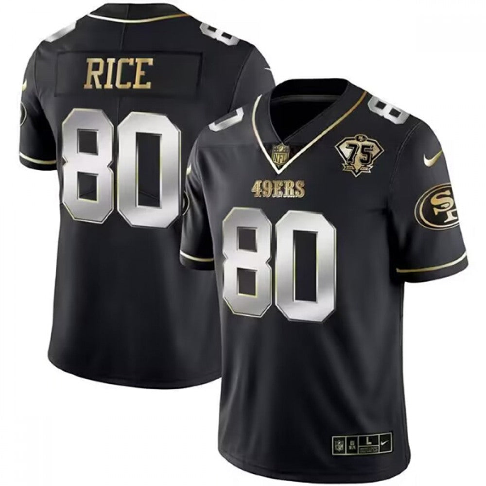 Men's San Francisco 49ers #80 Jerry Rice Black Gold Edition With 75th Anniversary Patch Stitched Jersey 