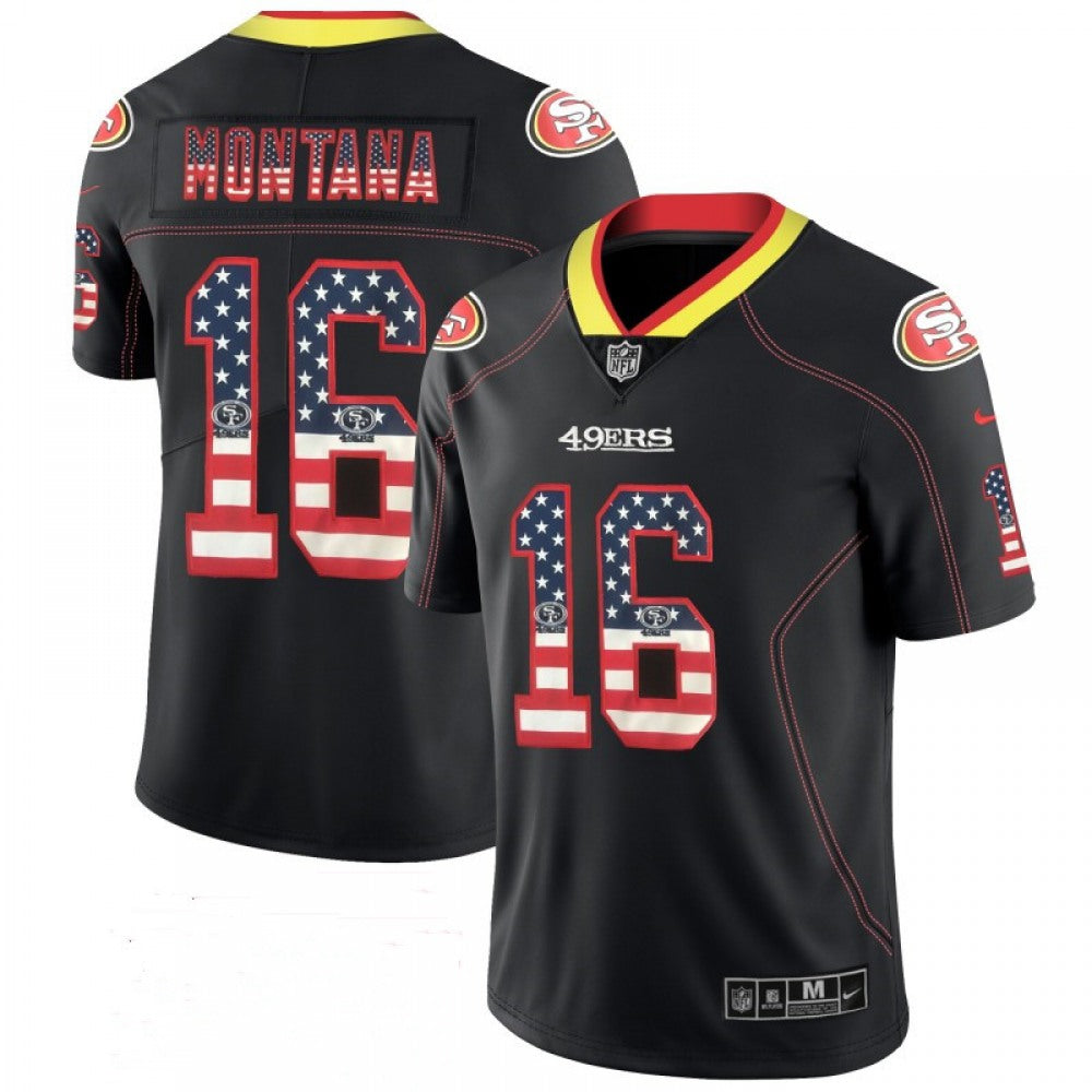 Men's San Francisco 49ers #16 Joe Montana Black USA Flag Color Rush Limited Fashion NFL Jersey 