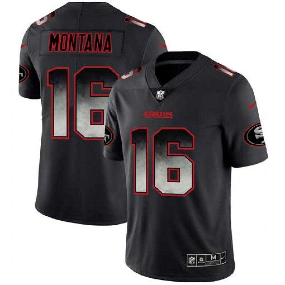 Men's San Francisco 49ers #16 Joe Montana Black 2019 Smoke Fashion Limited Stitched NFL Jersey 